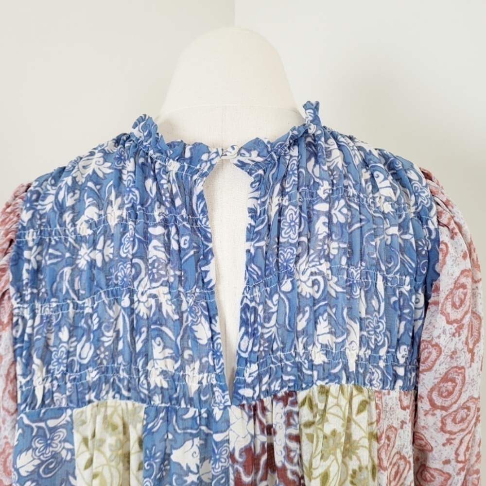 Free People Merrie Mix Floral Print Smocked Chiffon Tunic Rouched Blouse Lilac - Picture 11 of 16